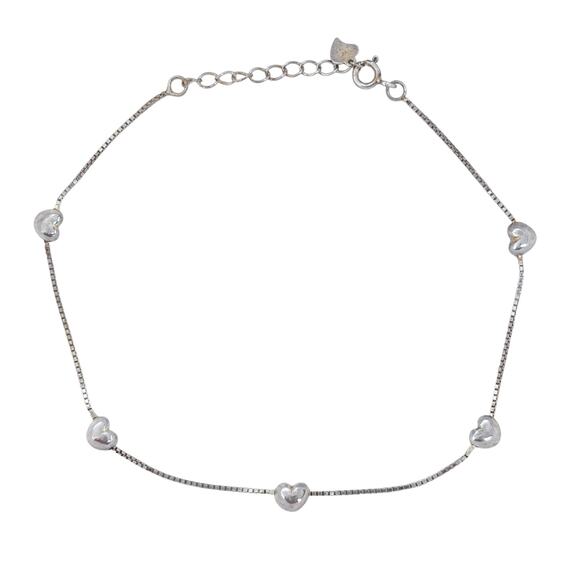 Estate Sterling Silver 925 Heart Bead Box Chain Anklet 8.5"-9.5" - Picture 3 of 6